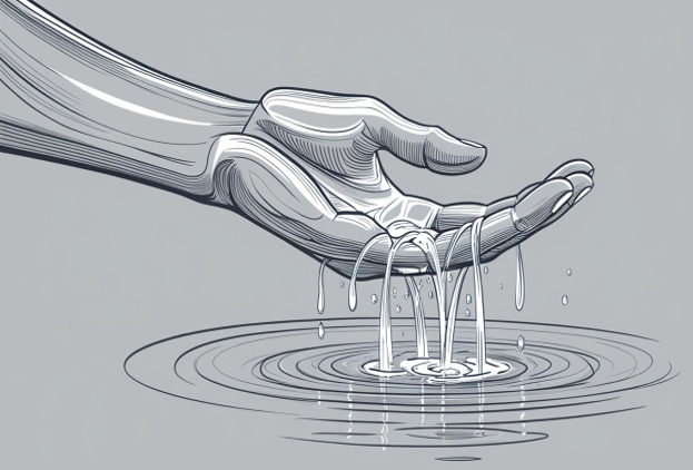 grayscale illustration showing hand scooping up water